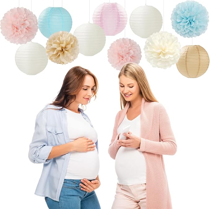 Light-Blue Pink Champagne Gender-Reveal Party-Decorations - 15pcs Boy Or Girl Paper Flowers Tissue Pom Poms Lanterns Streamers,Birthday Bear Baby Shower Neutral Hanging Supplies Decor Hugfond