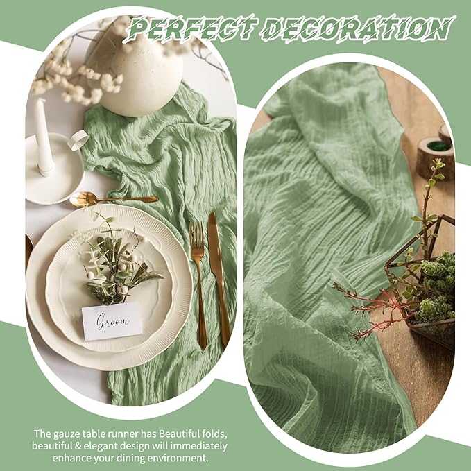 20 Pack Cheesecloth Table Runner - 17x108 Inch Sage Green Boho Gauze Cheese Cloth Table Runners for Baby Bridal Shower Decoration Wedding Party Summer Garden Farmhouse