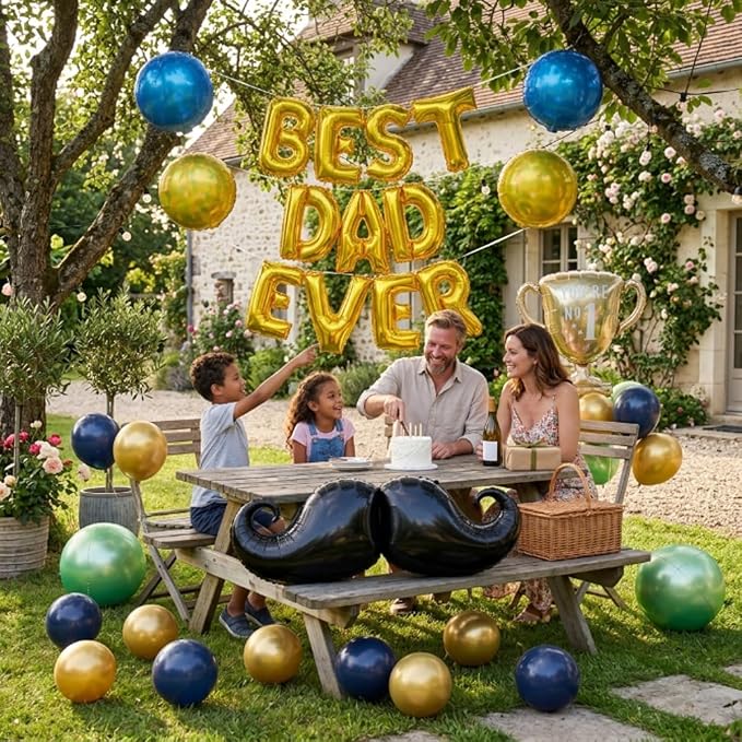 45 PCS Fathers Day Gift for Dad Foil Balloon Party Decorations Balloons Kit, "Best Dad Ever" Letter Balloons Navy Blue Gold Latex Balloons for Father 'You Are No.1', Father's Day Party Decor