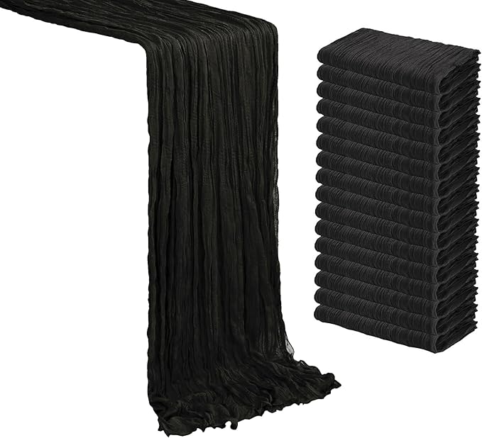 MDS Pack of 20 Cheesecloth Table Runner 35x120 Inch, 10FT Long Gauze Cheese Cloth Table Runner for Wedding Party Birthday Bridal Shower Farmhouse Garden Boho Rustic Table Decoration - Black