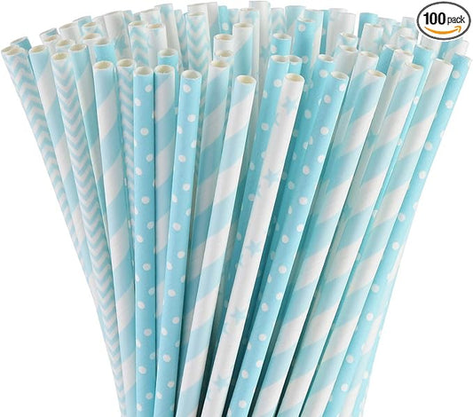 ALINK Biodegradable Light Blue White Paper Straws, Pack of 100 Party Straws for Juice, Cocktail, Smoothies, Birthday, Wedding, Bridal/Baby Shower and Christmas Decorations Supplies