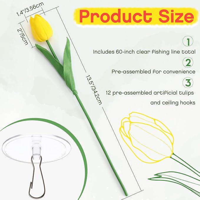 12 Pack Gradient Yellow 5 ft Artificial Tulips Hanging Flower Garland Decorations Spring Summer Dangling Faux Tulip Floral Vine Strings with Hooks for Wall Ceiling Wedding Tea Party