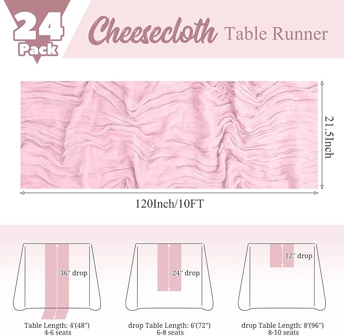 24 Pack Pink Table Runner 10Ft Cheesecloth Table Runner Rustic Gauze Table Runners Romantic Long Sheer Fabric Cheese Cloth Table Runners for Wedding Party Bridal Baby Shower