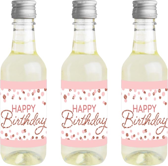 Big Dot of Happiness Pink Rose Gold Birthday - Mini Wine and Champagne Bottle Label Stickers - Happy Birthday Party Favor Gift for Women and Men - Set of 16