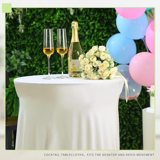 Tegeme 4 Packs Round Spandex Cocktail Tablecloths with Skirt 32 x 43 Inch Cocktail Round Table Cover Spandex Stretch Square Tablecloth Skirt for Table Bar Wedding Party Banquet(Ivory)