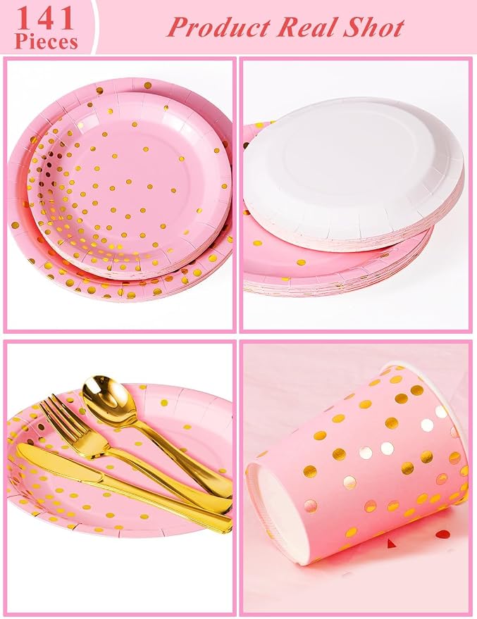 Nkaiso 141 Pieces Pink and Gold Party Supplies, Disposable Party Decorations Sets Include Paper Plates Napkins Cups, Plastic Forks Knives Spoons, for Baby Shower Birthday Wedding -20 Guests