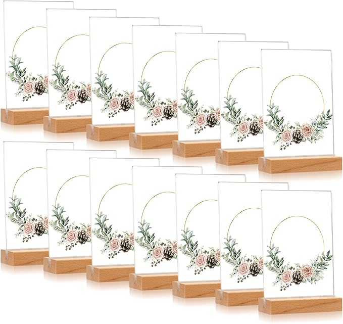 Vinsot 16 Pack 5 x 7 Inch Clear Acrylic Sign with Wood Base T Shape Sign Holder Vertical Blank Stands Desktop Display Plastic Menu Frame Double Sided Stand for Wedding Restaurant Party Decor