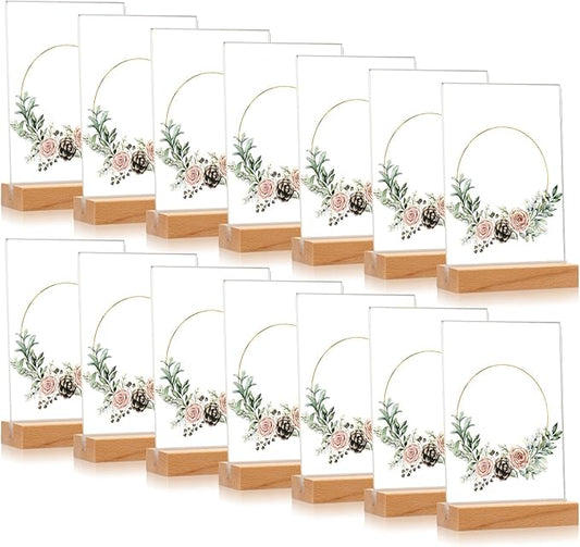 Vinsot 16 Pack 5 x 7 Inch Clear Acrylic Sign with Wood Base T Shape Sign Holder Vertical Blank Stands Desktop Display Plastic Menu Frame Double Sided Stand for Wedding Restaurant Party Decor