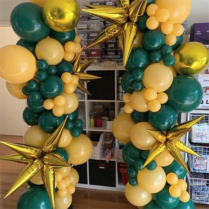 Green Yellow Balloon Garland Arch Kit, Dark Green Yellow Metallic Gold Balloon with Gold Confetti Explosion Star Foil Balloon for Birthday Baby Shower class of 2025 Graduation Party Decoration