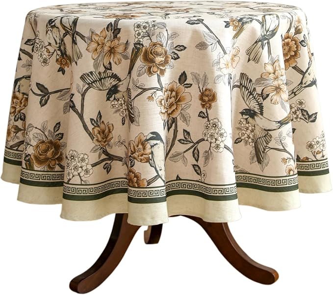 ISAENNE Designer Vintage Linen Round Tablecloth,Diameter 67"-Murad A | French Elegant Floral and Bird Pattern Beautiful Durable Table Cloth for Dining Room Tea Party Kitchen Thanksgiving,Decor