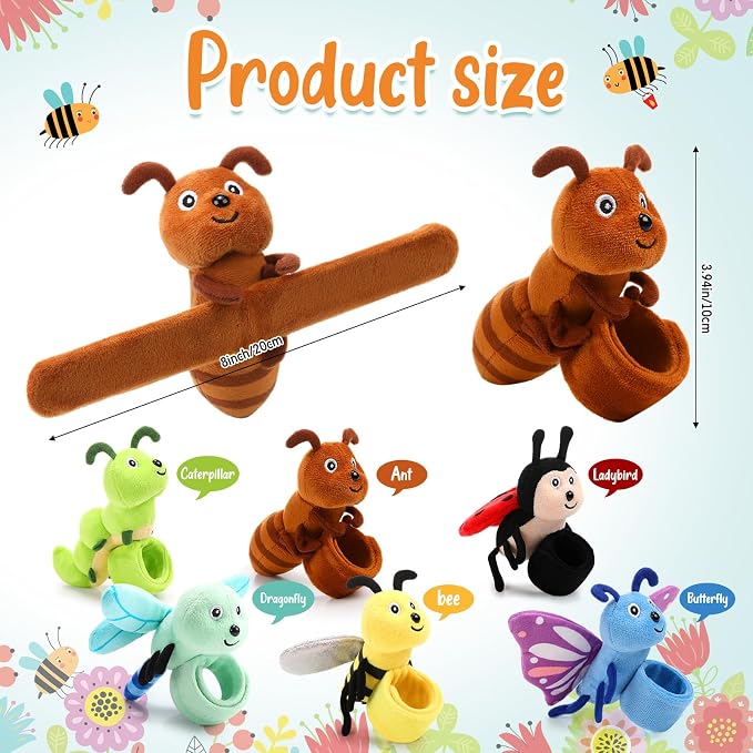 Gemscream 6 Pcs Stuffed Animal Slap Bracelets for Kids, 8 Inch Back to School Small Classroom Prizes Toy, Wrist Snap Bracelets Birthday Gifts for Boys Girls Pet Adoption Party Favors(Insect Animals)
