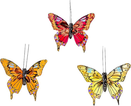 Berfutall-Butterfly Decorations 3 Colors Set of 12 Feather Butterflies on Picks Floral Supplies