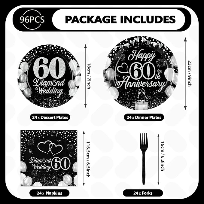96Pcs Anniversary Decorations 60th Wedding Anniversary Party Plates Disposable Black Silver 60th Matrimony Celebration Paper Tableware Set for Women Men 60 Years of Love Party, Serves 24