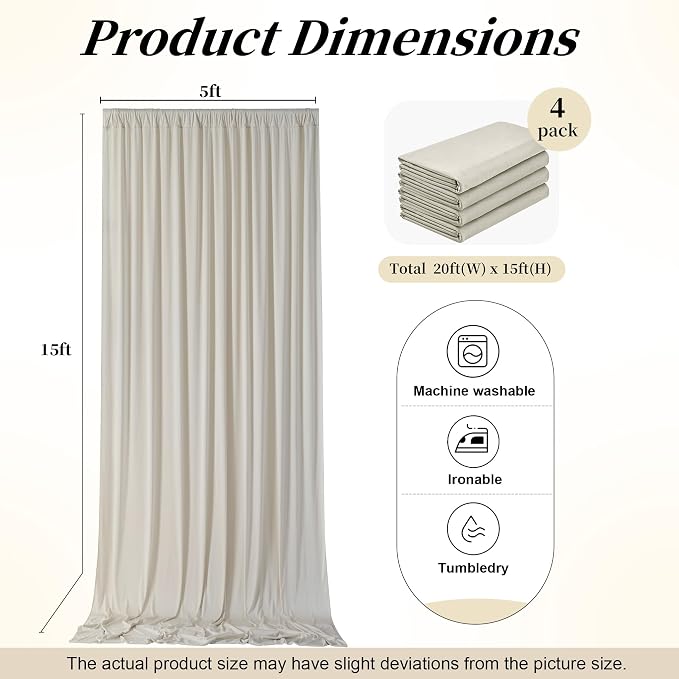 20ft x 15ft Beige Backdrop Curtains for Wedding Parties, 4 Panels Extra Long Wrinkle Free Fabric Drapes Photo Backdrop for Baby Shower Birthday Stage Reception Lobby Decoration
