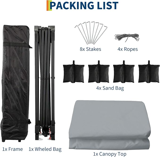 10x10 Heavy Duty Pop Up Canopy – One-Person Setup Outdoor Tent with Roller Bag, Adjustable Heights, Sandbags, Stakes & Ropes – Instant Grey Shelter, No Sidewalls