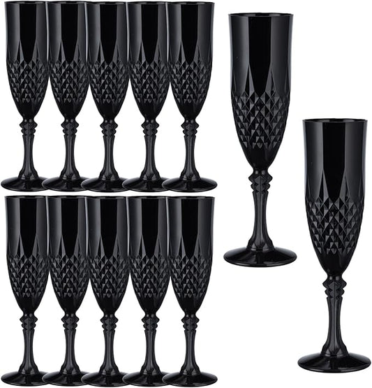 7.1OZ Plastic Champagne Flutes,12PCS Black Glassware Wine Glasses Goblets Shatterproof Mimosa Bar Reusable Vintage Champagne Flutes Stemmed Drinking Cups for Weddings ,Parties, Toasting,Halloween
