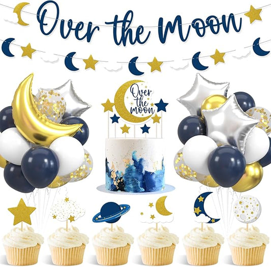 Sinasasspel Over the Moon Baby Shower Decorations Space Party Banner Moon Star Cake Cupcake Toppers Navy Blue Gold Balloons for Twinkle Twinkle Little Star Outer Space First Birthday Supplies