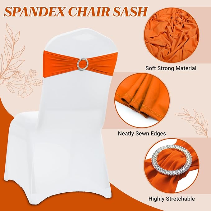 VDS - Orange | Spandex Chair Sashes Bows | 75 PCS | Stretch Elastic Banquet Universal Folding Chair Band Tie with Silver Buckle Slider for Wedding Party Conference Celebration Event Decoration