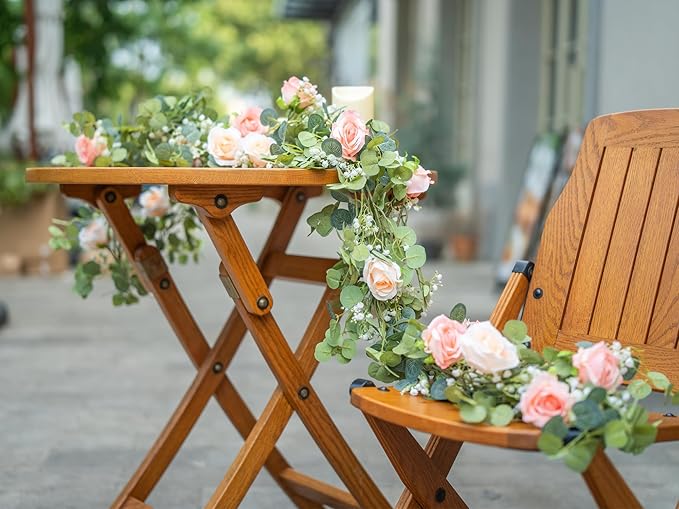 6FT Artificial Eucalyptus Garland with 10 Pink Roses and Baby Breath Flower Greenery Garland for Table Centerpiece Party Wedding Decor Indoor Outdoor Backdrop Wall Decorations