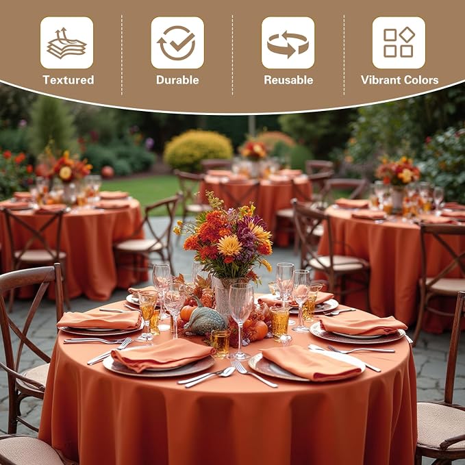 sancua Thanksgiving Round Tablecloth 132 Inch Diameter, 6 Pack Rust Circle Polyester Fabric Fall Table Cloth for Holiday Party Reception, Washable Burnt Orange Table Cover (Fit 54-96 Inch Tables)