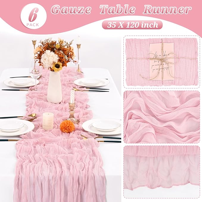 6 Pcs Light Pink Cheesecloth Table Runner 10FT, Gauze Table Runner for Wedding Reception Sheer Bridal Shower Birthday Party Boho Table Decoration, Rustic Romantic Wedding Runner