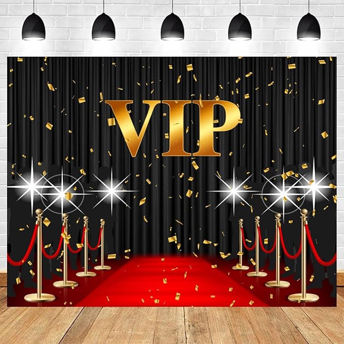 15x8ft VIP Backdrop Red Carpet Event Photography Background Black Curtain Star Catwalks Stage Film Movie Music Night Gold Banner Decorations Celebrity Activity Portrait Photo Booth Prop