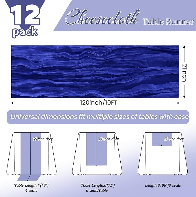 12 Pack Royal Blue Cheesecloth Table Runner 21x120 Inches, Boho Gauze Rustic Semi Sheer Cheese Cloth Table Runners for Easter Wedding Bridal Baby Shower, Birthday Party, Long Farmhouse Table Decor