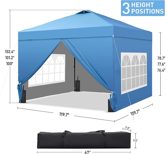 GDY 10x10 Pop Up Canopy Tent with 4 Sidewalls, Easy Set up, Outdoor Silver Coated Beach Gazebos, Carpas with 4 Sandbags, for Events, Parties,Camping,Blue.