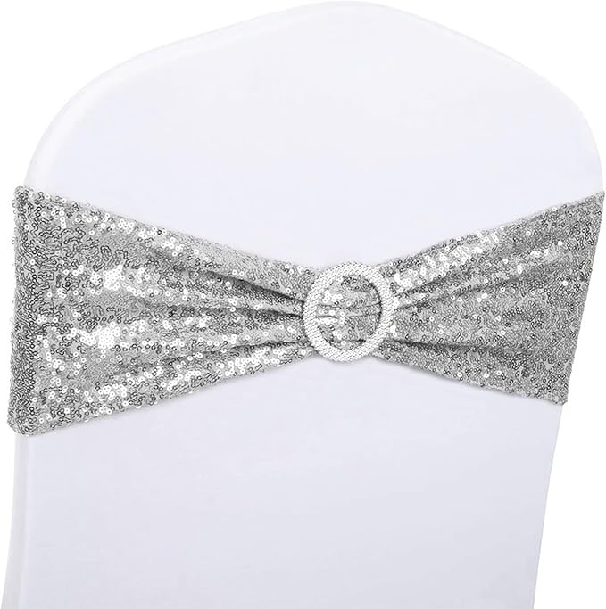 Pack of 50 Spandex Sequins Chair Sashes Silver Chair Bands with Buckles, Chairs Bows Ties for Party Wedding Fiesta Decor - Sequin Silver Chair Sash