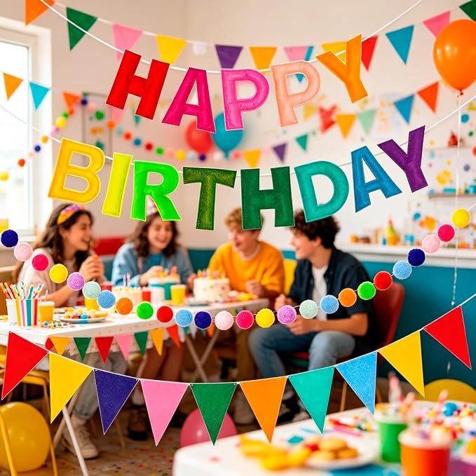 Pre-Strung 3D Rainbow Happy Birthday Banner, 3 PCS Happy Birthday Felt Sign, Pom Pom Garland, Triangle Fabric Bunting, Colorful Reusable Birthday Decorations for Women Men Girls Boys