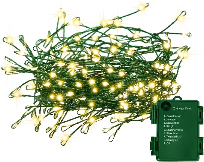 FairyGlim Battery Operated Christmas Lights, 10FT 100 Micro LEDs Fairy Lights with 8 Modes and Timer, Green Copper Wire for Indoor Outdoor Christmas Tree Wreath Garland Garden Party,Warm White