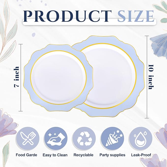 WDF 100PCS Blue Plastic Plates - Light Blue Plates Disposable - Heavy Duty Scalloped Plastic Plate for Parties/Wedding/Baby Shower