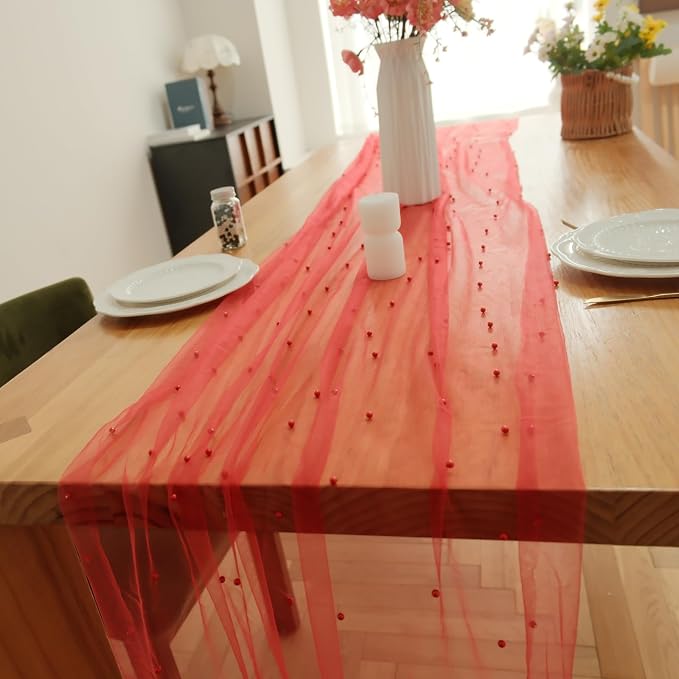 Set of 1 Pearl Table Runner 10ft, 29 * 120 Inch RED Table Cloth Pearl Sheer Tulle Table Cover,Pearl Table Runner for Wedding Party Baby Shower Birthday Home Decor