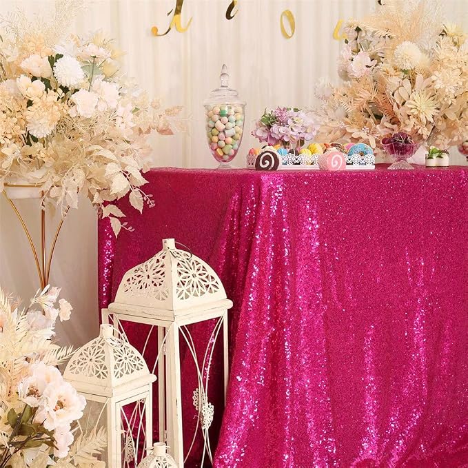 Eternal Beauty Hot Pink Tablecloth, 50x80 Inch Sequin Rectangle Table Cover for Mother's Day Cake Dessert Exhibition Party Birthday Events