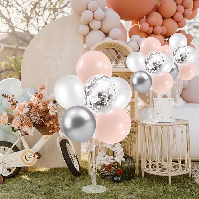 ZJDHPTY 4Set Silver Pink Balloon Stand Girl Baby Shower Decorations | Table Balloon Centerpiece for Girls 1st Sweet 16 Birthday Bridal Shower Engagement Wedding Bachelorette Party Decor