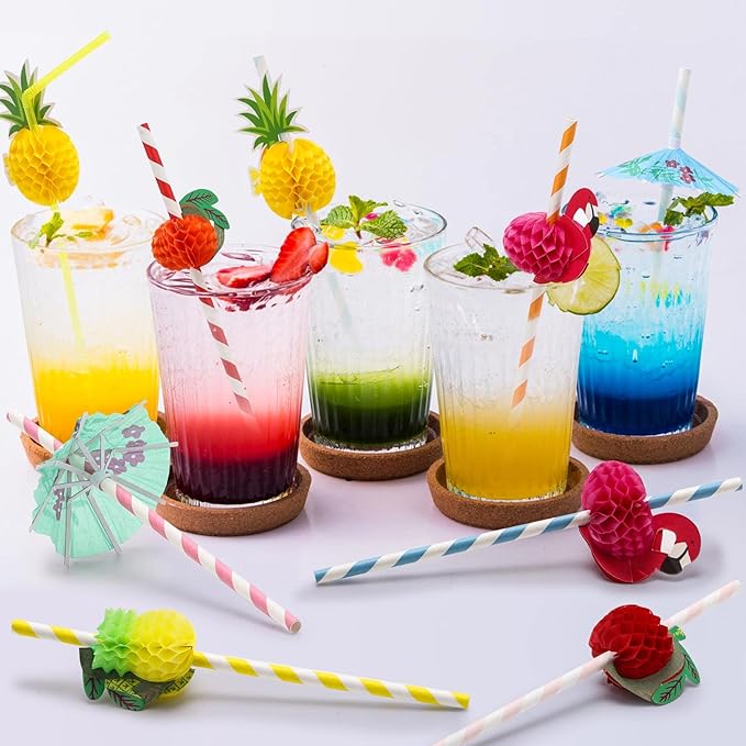 100PCS Flamingo Fruit Paper Straws,Disposable Plastic Drinking Straws,Tropical Hawaiian Beach Summer Pool Party Cocktail Decorations - Assorted Colors