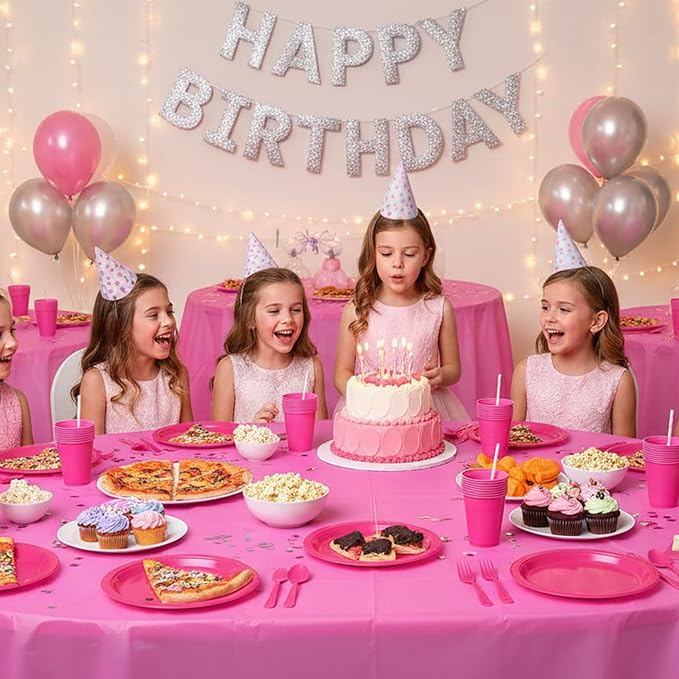 Hot Pink Plastic Plates for Party,30 Guest Disposable Plastic Plate Set 9" Plates,7" Dessert Plates,Napkins,12 oz Cups,Forks & Tablecloth for Girls Women,Summer Party,Birthday