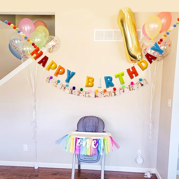Pre-Strung Happy Birthday Banner - Felt Ball Garland, Rainbow Party Decorations, HAPPY BIRTHDAY Garland, Personalized Birthday Sign for Birthday Decor, Party Decor, Photo Prop (Rainbow-Colored Happy Birthday Banner)
