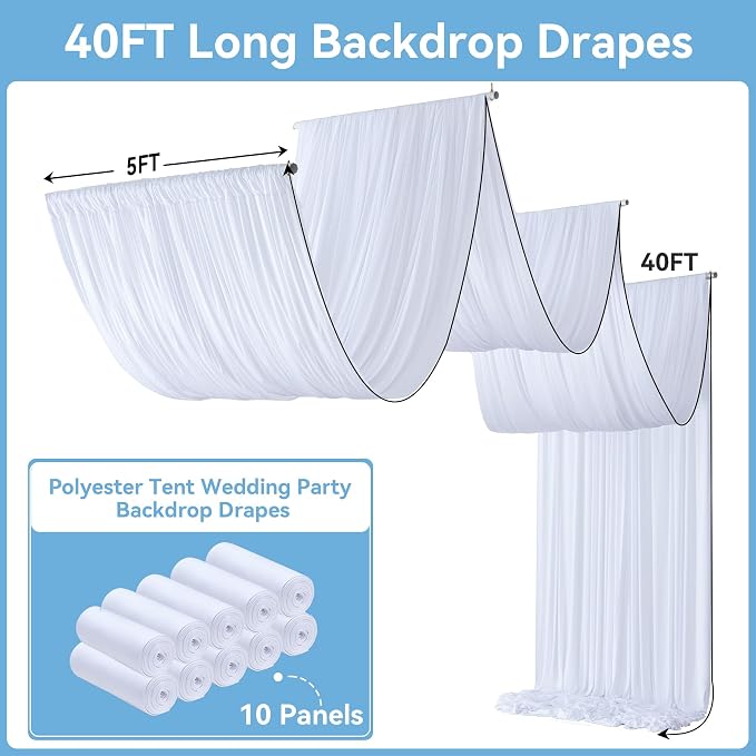 Outpain 50ftx40ft White Backdrop Ceiling Drapes,10Panels 40ft Height Wrinkle Free Tent Draping Curtains, Fabric Drapery Ceiling Drapes for Wedding Ceremony Birthday Theme Parties with Rod Pocket