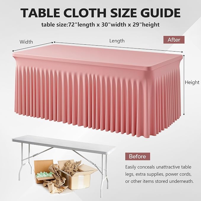 Wish Care 6 Pack Dusty Rose Spandex Table Clothes for 6 Foot Rectangle Tables, 6FT Wrinkle Free Fitted Tablecloths Ruffles Design Table Cloth for Party, Banquet, Wedding and Events