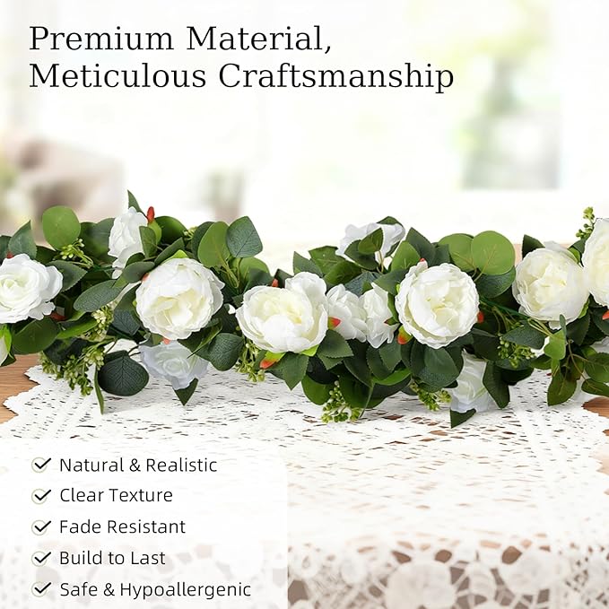 Lewondr Artificial Eucalyptus Garland with Flower - 4 Rose 4 Peony, 6FT Faux Floral Greenery Garlands Fake Flowers Vines, Maintenance-Free for Wedding Table Shelf Backdrop Party Room Decor, White