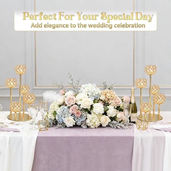 5-Arm Crystal Tealight Candelabra Centerpiece, 14.8 Inch Metal Candle Holder for Table Decor, Wedding, Christmas, Party, Anniversary & Home Decoration (4, Gold, S-14.8 in)