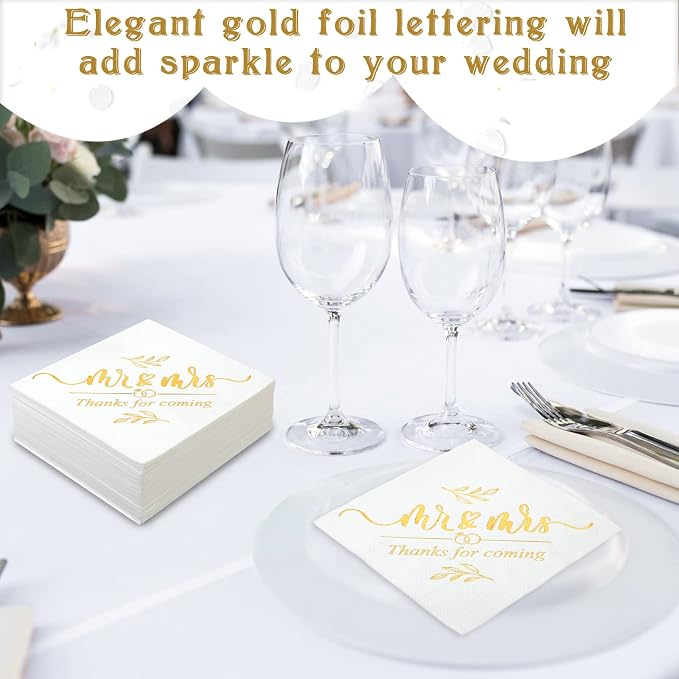 200 Pcs Wedding Napkins for Reception Disposable Bridal Shower Napkins Gold Foil Wedding Decorations Mr and Mrs Napkins for Engagement Party Decoration Cocktail Beverage Dessert (Simple Styles)