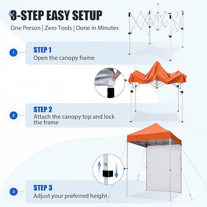 EAGLE PEAK Pop up Canopy 5x5, Outdoor Portable Canopy Tent with One Removable Sunwall, Carry Bag Included, Orange