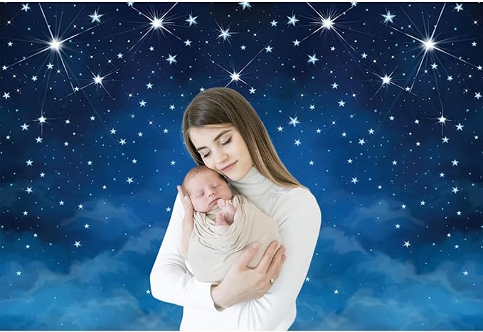 Renaiss Starry Night Backdrop Fabric Christmas Nativity Display Background Blue Starry Sky Photography Background for Kids Birthday Party Baby Shower Decorations Photo Booth Props 10x6.5 ft
