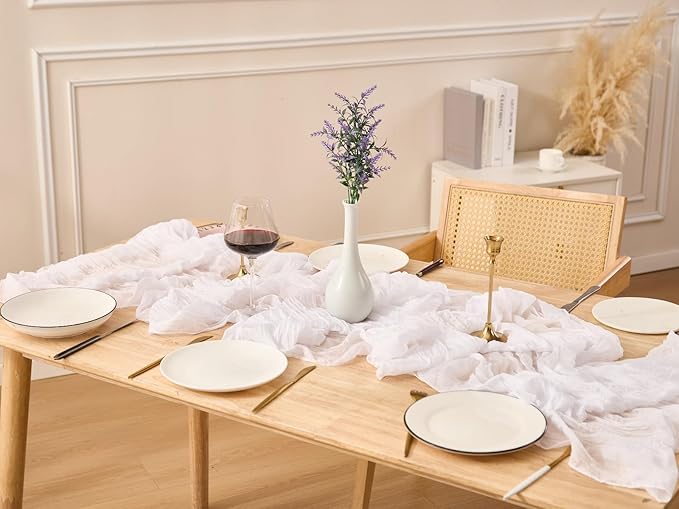 3 Pack White Spring Table Runner Boho Cheesecloth Table Runners Bulk 10 ft Gauze Sheer Mother's Day Table Centerpieces for Wedding Ceremony Anniversary Bridal Baby Shower Banquet