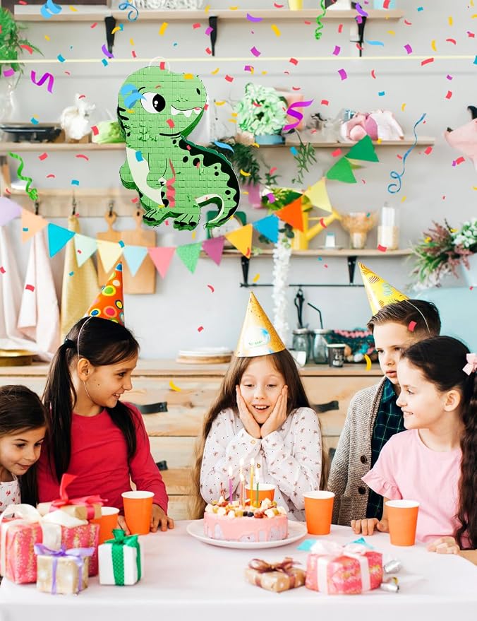 Dinosaur Piñata for Boys, Piñata de Dinosaurio para niños with 12pcs Paper Glasses, Confetti, Wood Stick and Blindfold, Dino Piñata for Birthday Party Decorations (16"*13"*3.5")