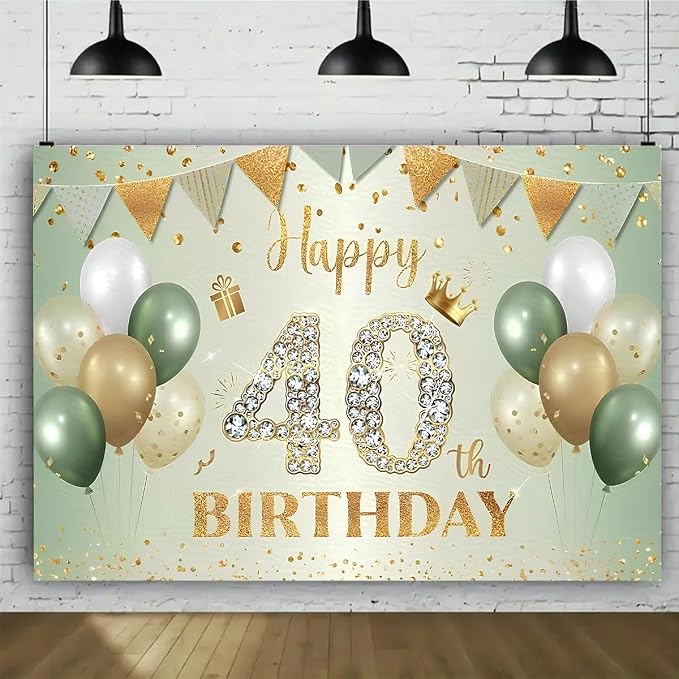Sage Green Happy 40th Birthday Backdrop Green Gold Balloons Gold Glitter Dots Background Anniversary Decorations 40th Birthday Sign for Men Women Cake Table Supplles (B, 9X6FT)