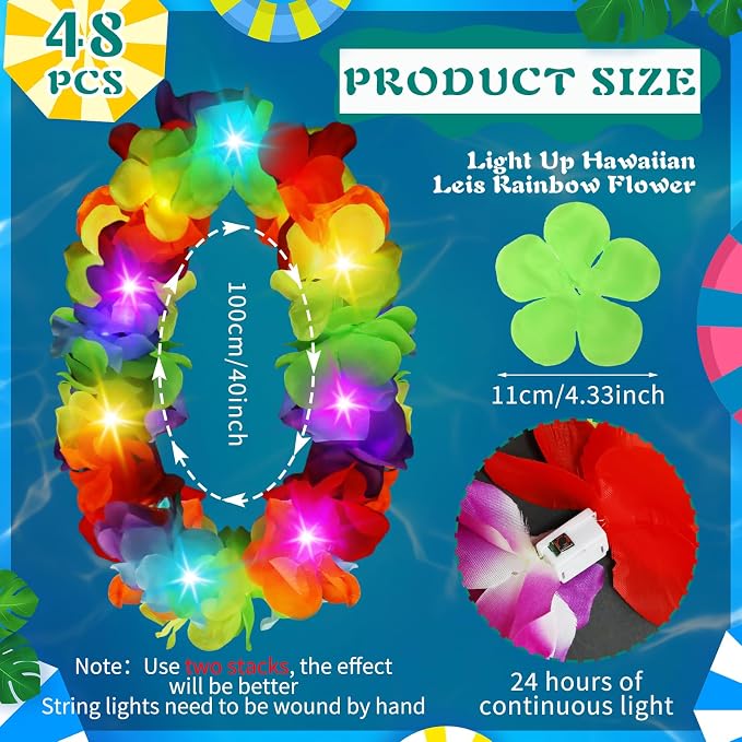 Sherr 48 Pcs LED Hawaiian Leis Light up Flower Leis Necklace with LED Lights Luau Flowers Necklaces for Masquerade Beach Wedding Tropical Themed Party Supplies(Colourful)