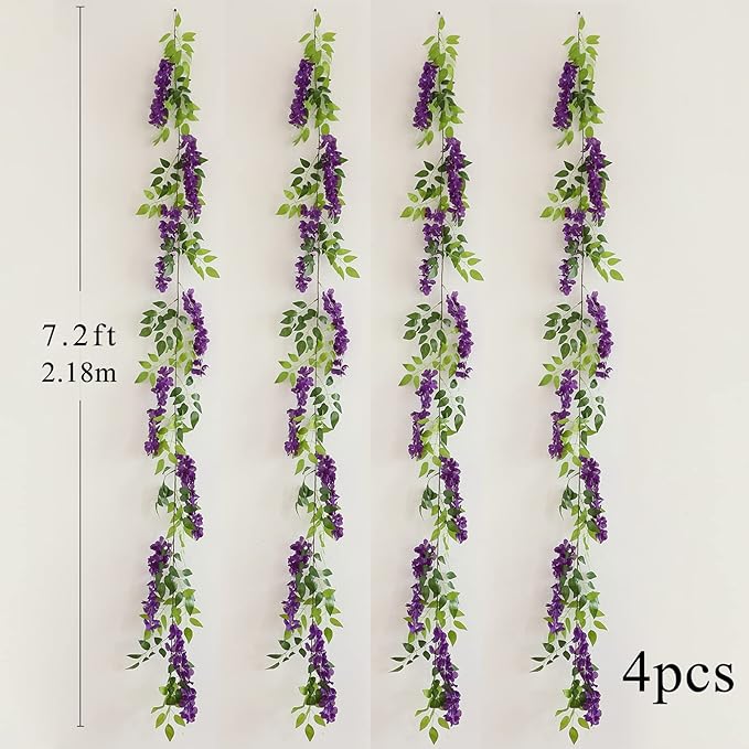 dallisten Wisteria Artificial Flowers Garland, 4Pcs 7.2Ft/Piece Silk Fake Wisteria Vine Kit, Hanging Flower for House Outdoor Garden Ceremony Outside Wedding Arch Floral Decor (4, Purple)